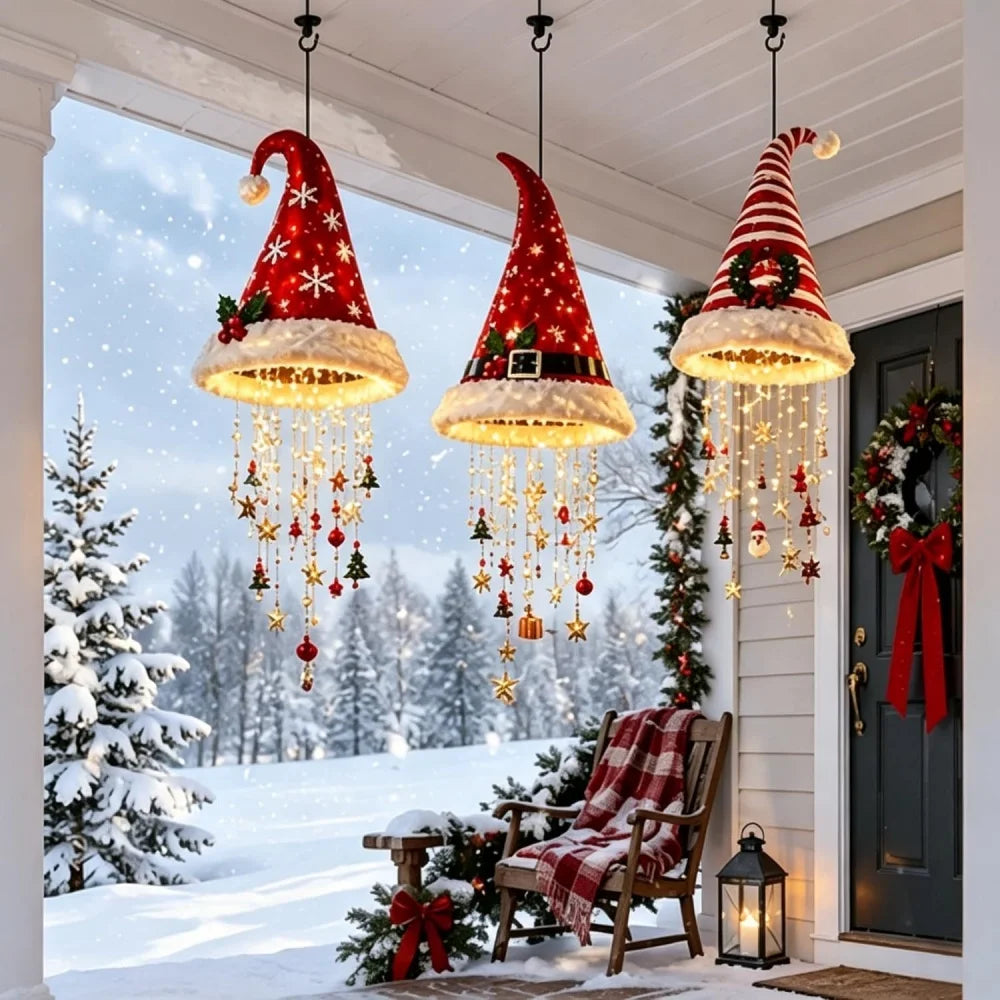 Chapéu de Papai Noel Iluminado com Flocos de Neve, Pendente para Árvore de Natal, Lanterna Suspensa, Decoração de Natal para Casa, Presentes para Festa de Ano Novo