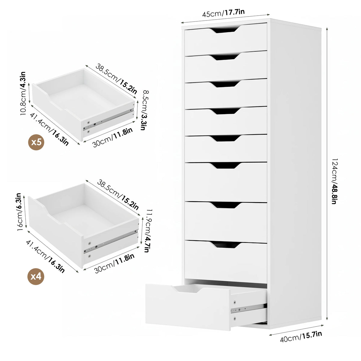 Getone Cômoda Quarto, Cômoda alta, Armário de armazenamento branco, Armário alto com 9 gavetas para sala de estar 124,3x45x40cm