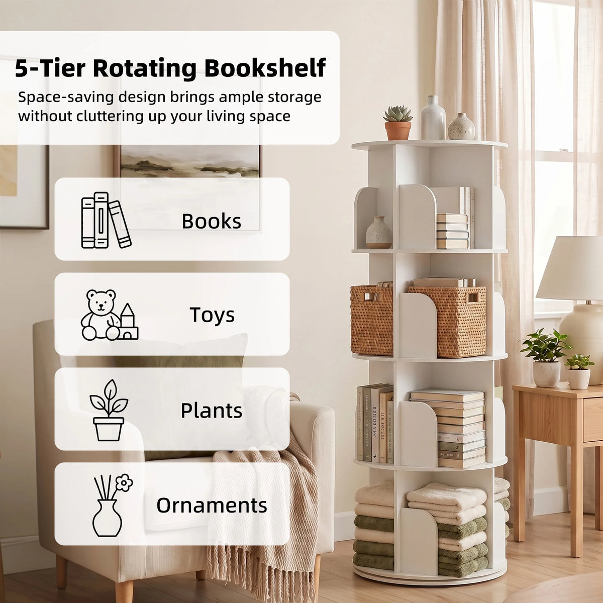 Estante de Armazenamento Rotativa JHK de 3-4 Camadas 360 °   Estante Giratória para Livros, Prateleira Vertical Independente para Quarto e Sala de Estar
