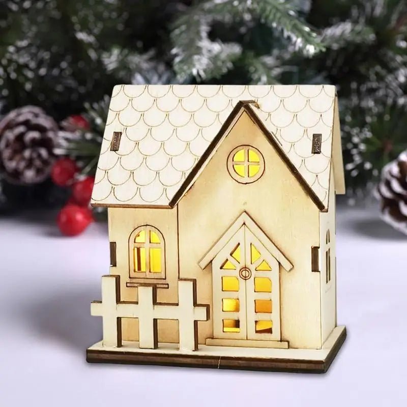 Luz de Natal LED com cordão Bateria Lanterna de incandescência de madeira Casa pequena Pingente para decoração de mesa
