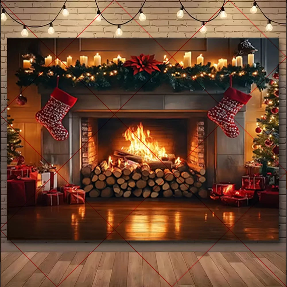 Natal inverno fundo vintage lareira festa decoração crianças photo studio suprimentos árvore de natal lanternas cenário nevado