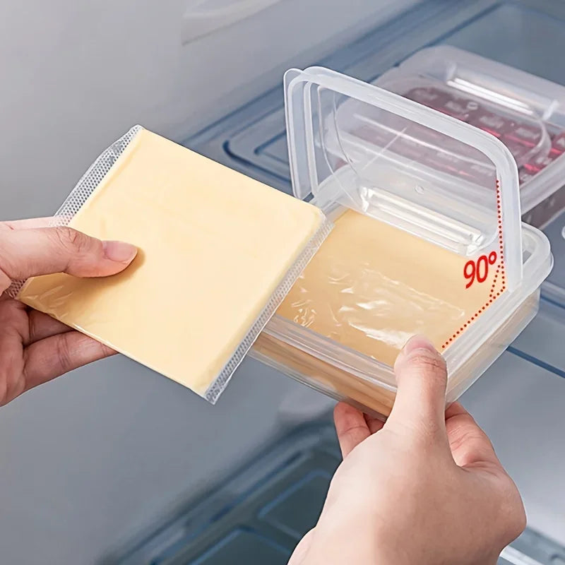 Recipiente de queijo fatiado para geladeira, bloco de manteiga de plástico transparente caixa de armazenamento de fatia de queijo com tampa flip para alimentos de geladeira 1 peça