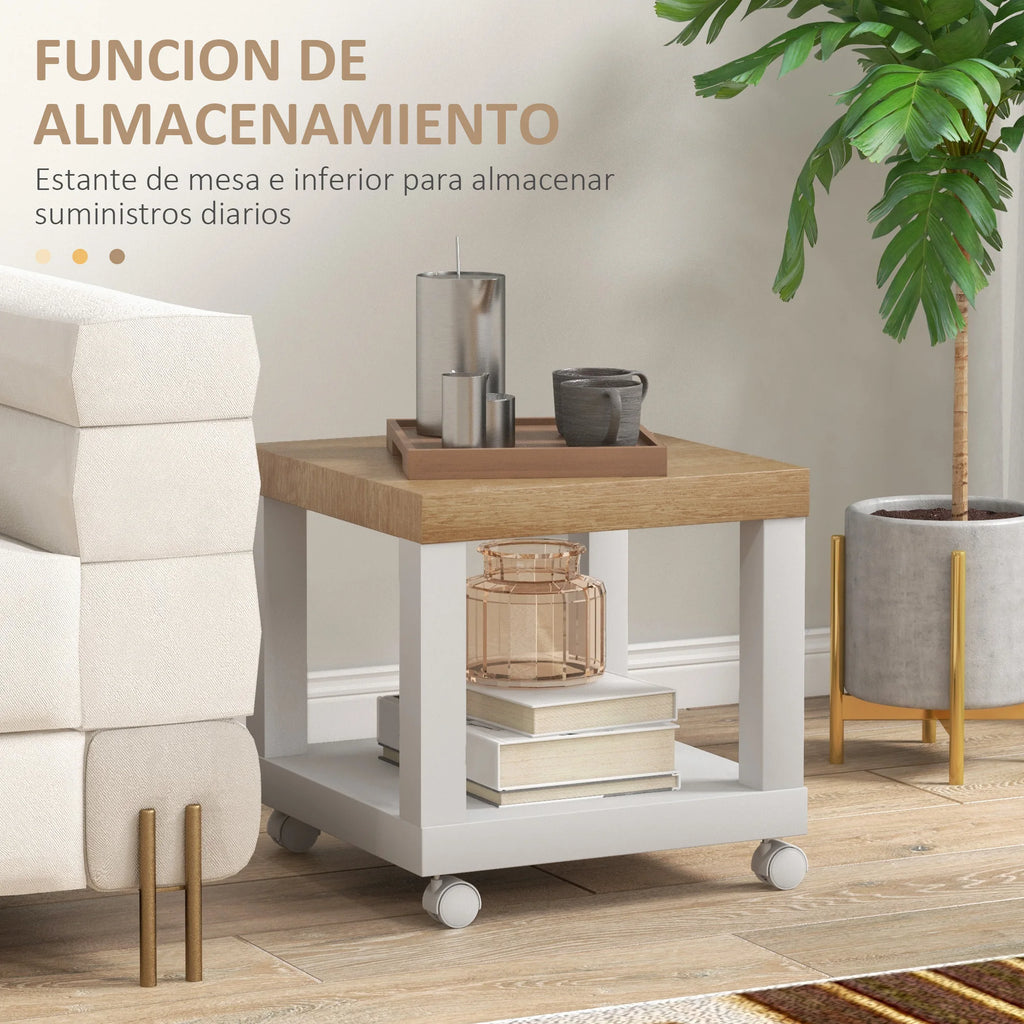 Mesa Lateral Homcom com Rodas e Prateleira Aberta para Sofá, Sala de Estar e Quarto 40X40X40 cm Natural e Branco