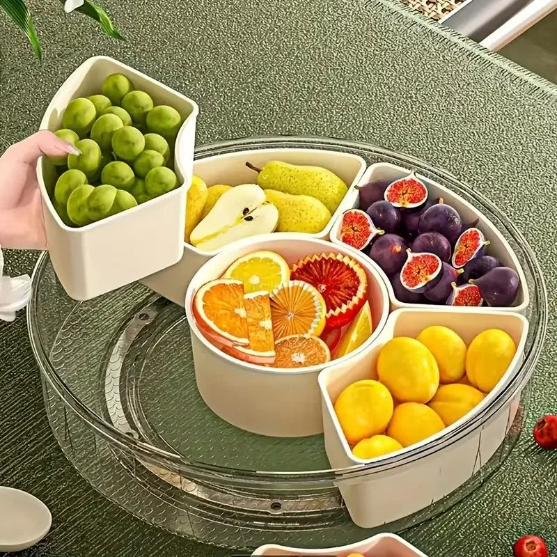 Bandeja giratória para petiscos, com alça e tampa, organizador transparente com compartimentos para guardar frutas, legumes e petiscos para festas.