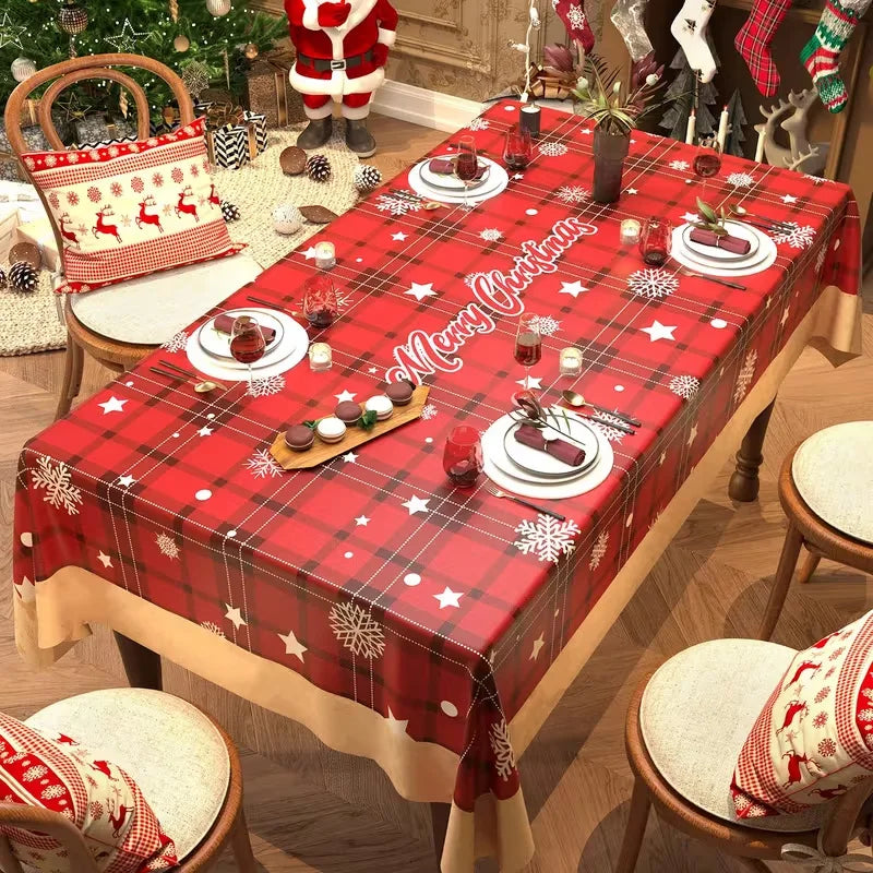 Toalha de Mesa de Natal: Decoração Clássica de Inverno com Estampa de Papai Noel, Floco de Neve e Pinhas – Suprimentos para Cenário Festivo