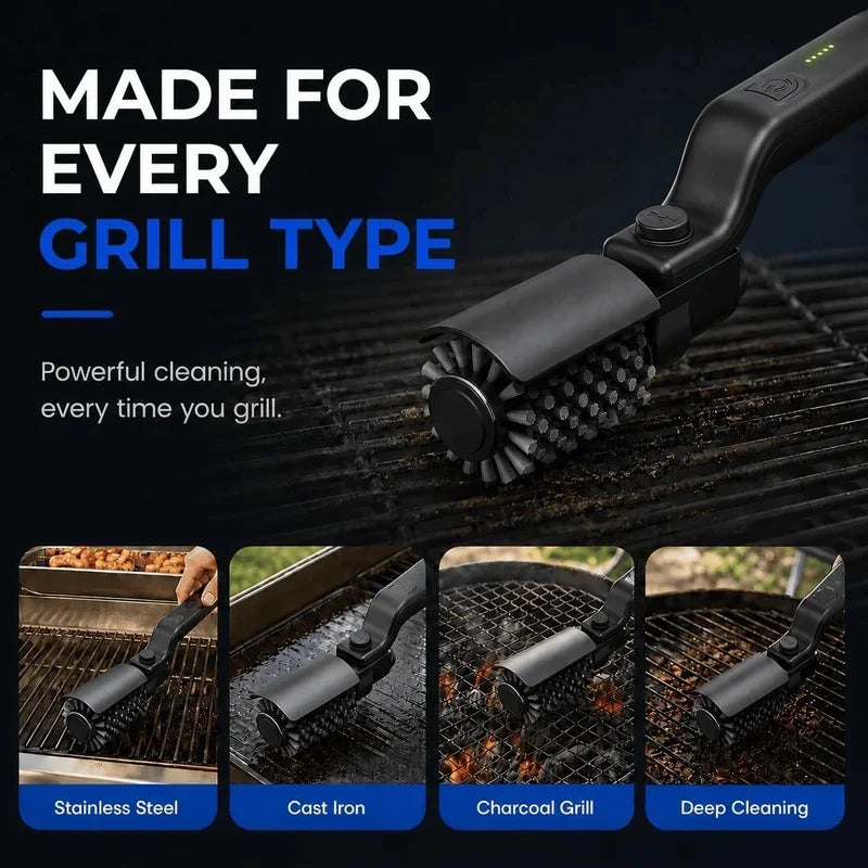 Escova Elétrica para Grelha 2 em 1 Sem Fio Recarregável, Escova de Limpeza para Grelha com Cabeça de Aço Inoxidável, Potência de 3 Velocidades para Grelhas de Churrasco