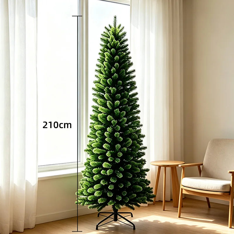 Árvore de Natal artificial, de formato alongado, cor verde-pinho, para decoração de festas e eventos familiares em ambientes fechados.