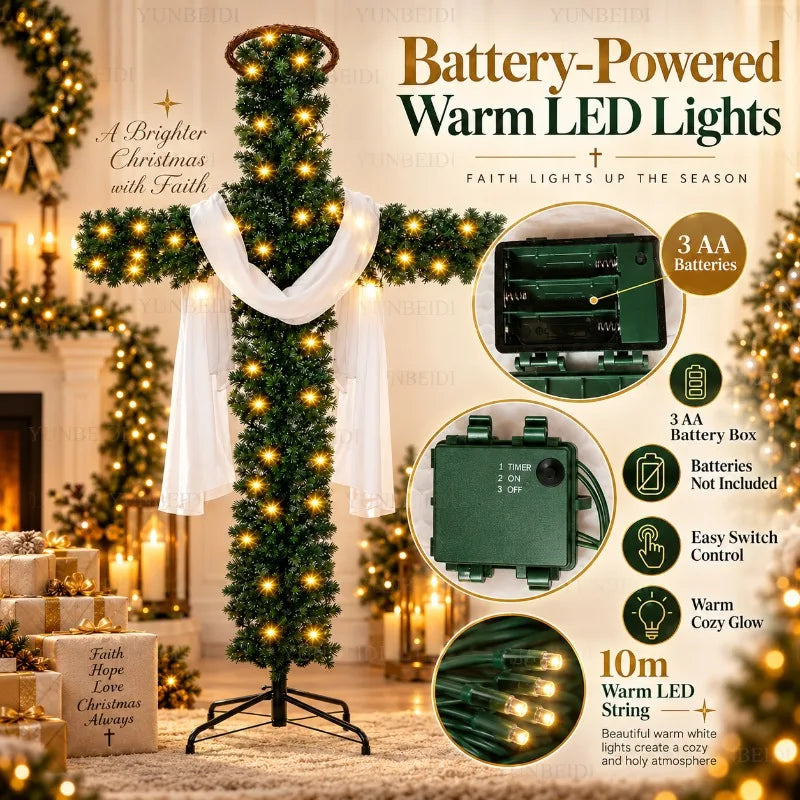 Decoração de Árvore de Natal em Forma de Cruz de 150/180cm com Luzes LED Quentes, Decoração Religiosa para Árvore de Natal, Jardim, Igreja e Festas