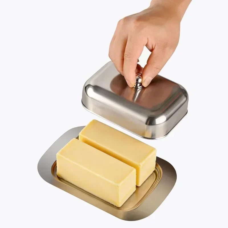 Prato de Manteiga em Aço Inoxidável, Bandeja de Queijo, Recipiente para Pão e Queijo, Bandeja Moderna Francesa para Servir Manteiga com Tampa e Alça