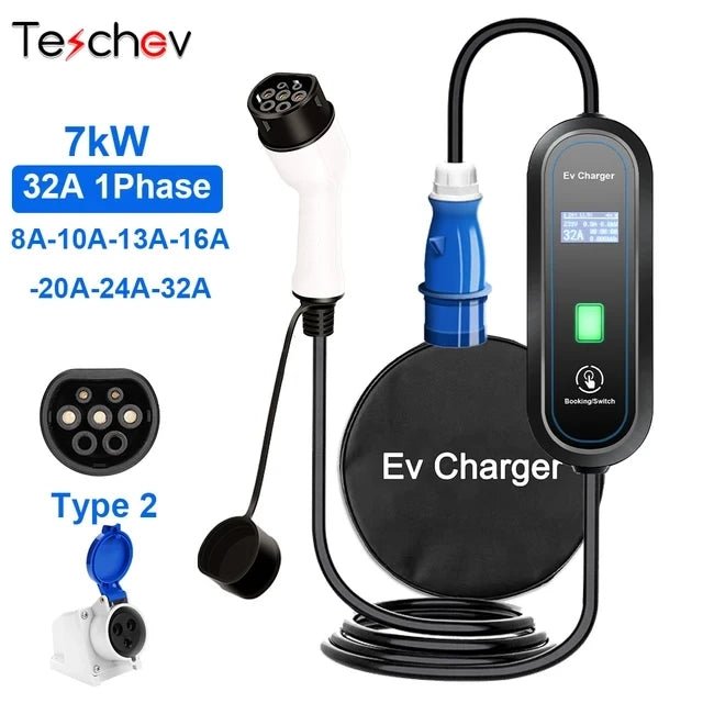 Carregador portátil EV Teschev Type2 Cabo 32A 7KW com plugue CEE EVSE Type1 J1772 Caixa de carregamento 5M GB/T Carregador para veículo elétrico