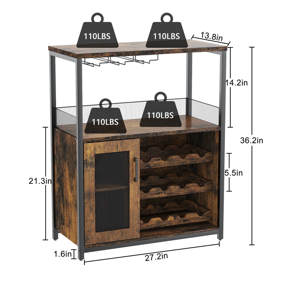 Armário de bar de vinho de 3 camadas com rack de vinho removível e armário de buffet com suporte de vidro e porta de malha para casa