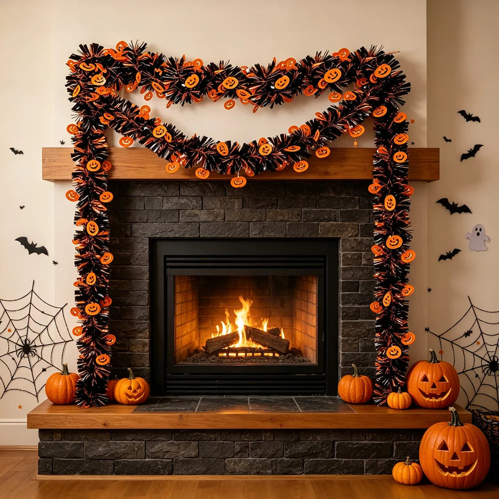 Cortina de Franjas Metalizadas de Halloween, Guirlanda de Enfeites, Painel de Fundo para Fotos com Estampas de Abóbora, Fantasma, Morcego e Boo, Decorações Suspensas para Portas e Paredes de Festa de Halloween
