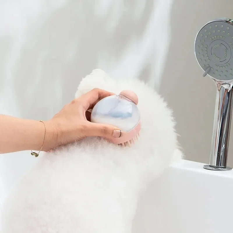 Escova de banho para animais de estimação, silicone macio com dispensador de shampoo, massagem suave para aliciamento e limpeza de pele e cabelo