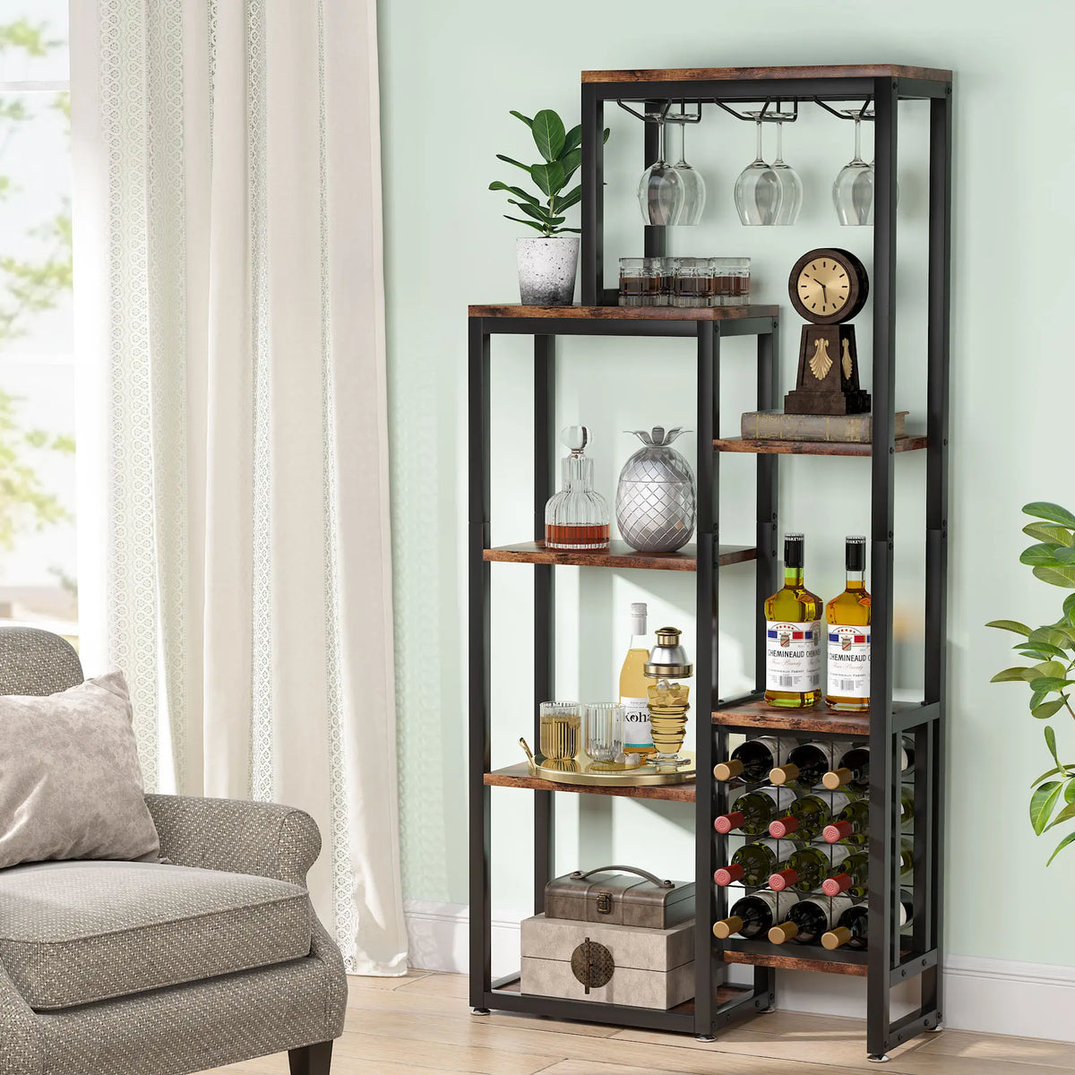 Cremalheira autônoma do vinho do assoalho das tribos com suporte de vidro e armazenamento do vinho, prateleira de exposição industrial do vinho, padeiro Rack, 5-Tier