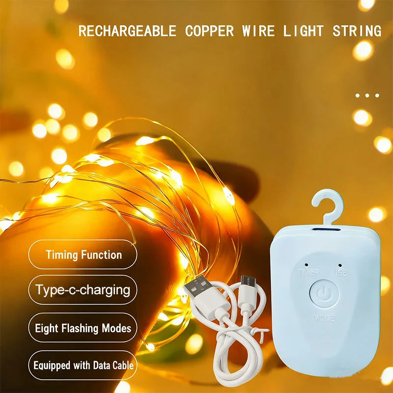 Luzes de fadas de natal recarregável led à prova d' água rgb luz de corda 8 modos design destacável para decoração de festa de casamento de árvore de natal