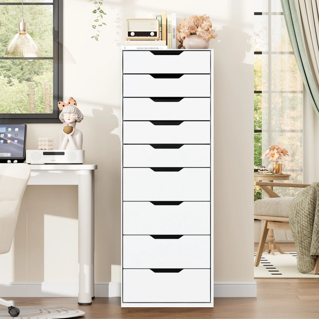 Getone Cômoda Quarto, Cômoda alta, Armário de armazenamento branco, Armário alto com 9 gavetas para sala de estar 124,3x45x40cm