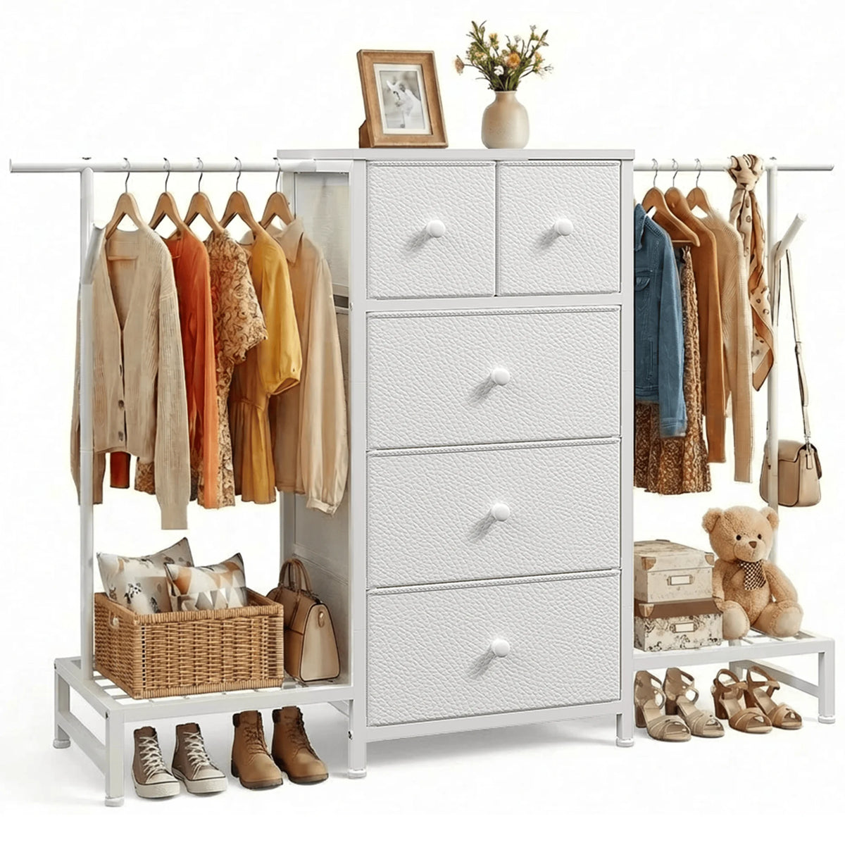 Cômoda e Cabideiro 3 em 1 – 147 cm de Largura com 5 Gavetas e Sapateira, Ganchos Laterais para Armazenamento no Quarto e Closet