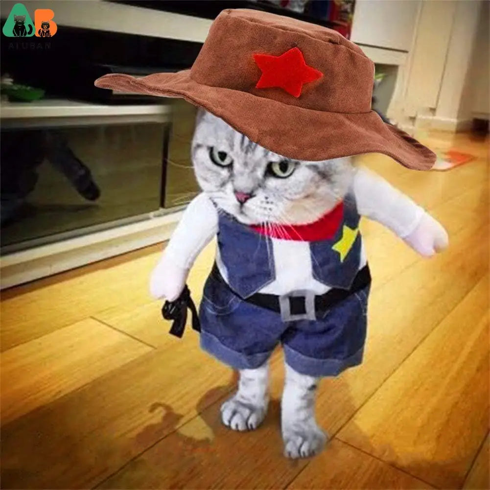 Trajes de Halloween para cães e gatos, uniforme de cowboy ocidental com chapéu, roupa engraçada de cowboy para animais de estimação, fantasia engraçada para gatos e cães pequenos