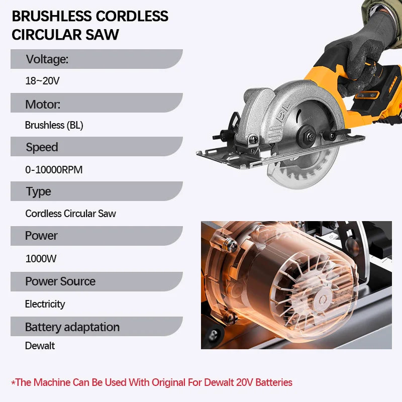 Serra circular elétrica sem escova Electric Goddess 5 polegadas ﻿ Para bateria Dewalt 20V ﻿ Ferramenta elétrica de serra portátil sem fio para carpintaria de 1000 W ﻿