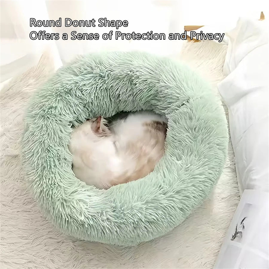 Cama Macia para Gatos e Cães, Almofada de Pelúcia Quente de Pelo Sintético, Cama Redonda Confortável em Formato de Rosquinha, Lavável para Cães e Gatos de Pequeno e Médio Porte