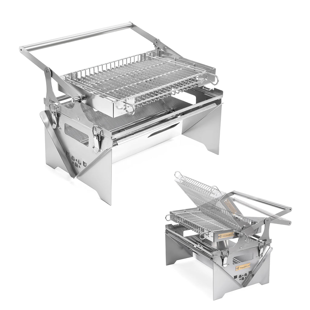 Flip Grill 360 °   Churrasqueira Rotativa, Grelha Manual com Sistema de Empurrar e Puxar para Grelhar com Carvão, Ideal para Acampamentos e Piqueniques ao Ar Livre