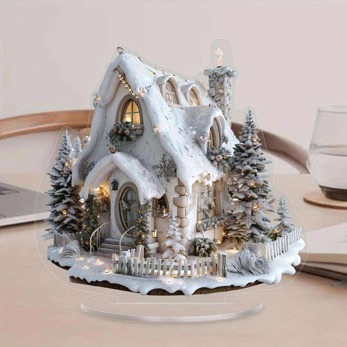 Natal 2d acrílico castelo neve casa de madeira pendurado pingente decoração de natal para casa festa de natal presente de ano novo navidad