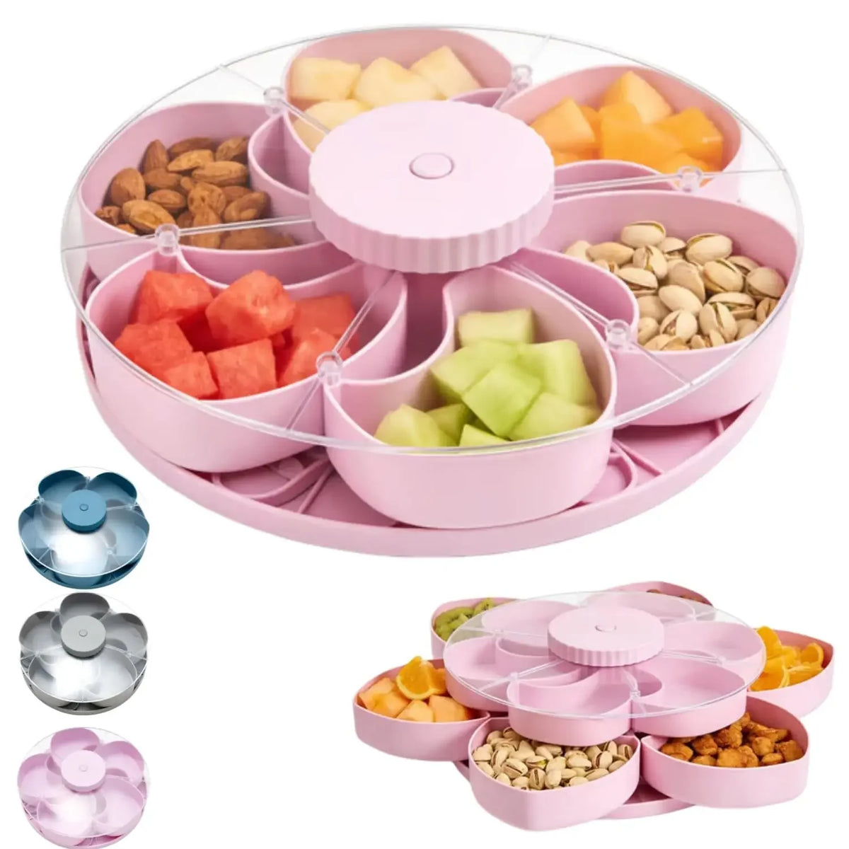 Bandeja Giratória para Lanches com Tampa, Caixa de Lanches com Múltiplas Divisórias, Recipiente para Armazenamento de Doces e Nozes, Bandeja para Servir Frutas Secas, Organizador de Cozinha
