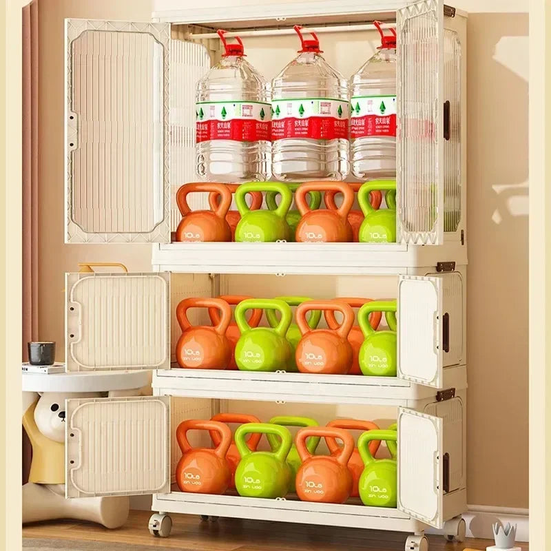 -Armário de armazenamento dobrável multicamadas com rodas, porta dupla, guarda-roupa, transparente, grande capacidade, organizador, prateleira
