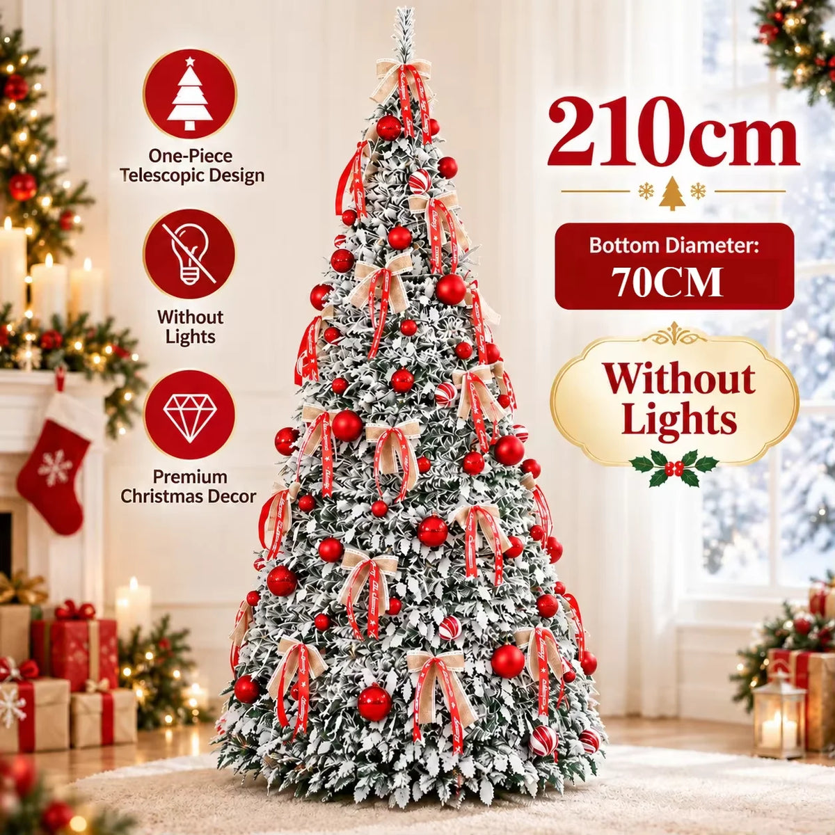 Árvore de Natal Dobrável com Luzes LED e Enfeites, Árvore de Natal Integrada de Alta Qualidade de 120cm a 180cm, Decoração para Festa de Natal em Família