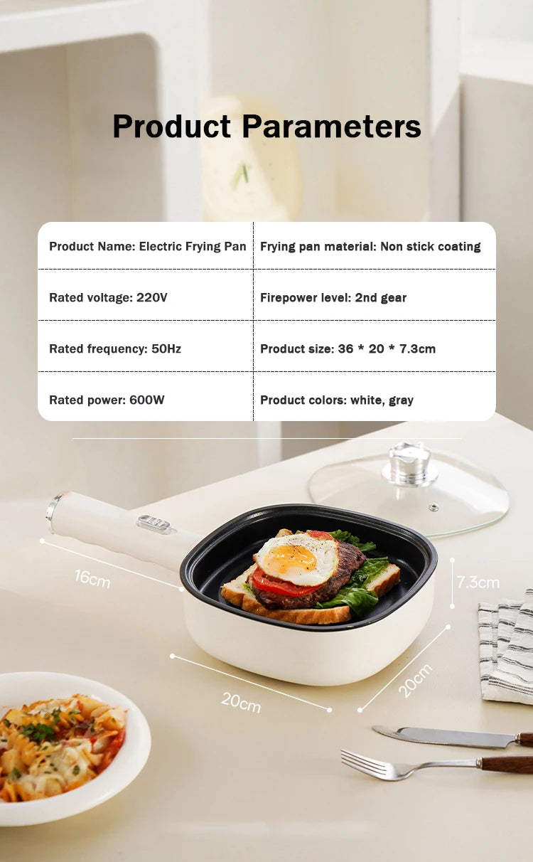 Panela Elétrica DMWD para Fritar, Mini Panela Doméstica Antiaderente para Bifes e Panquecas, Frigideira Elétrica Multifuncional 2 Potências 600W