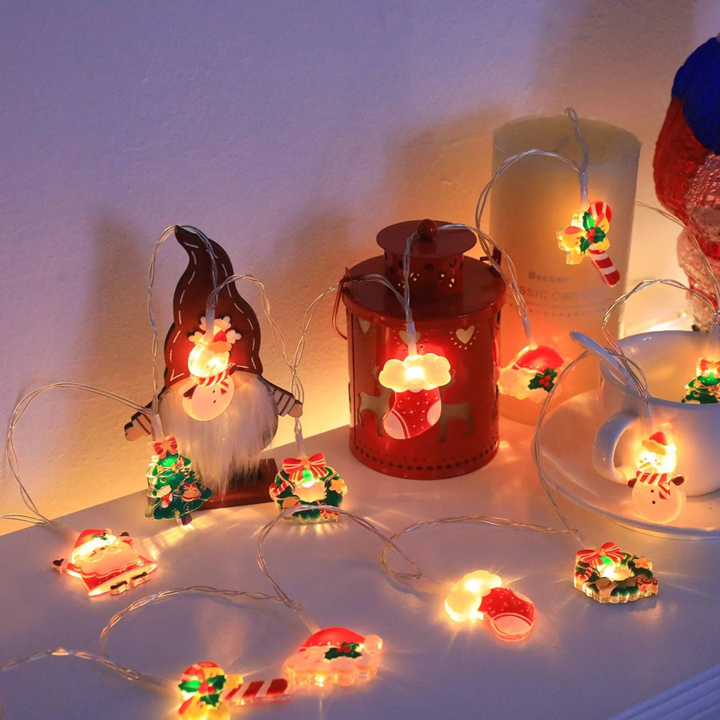Luzes de corda de Natal LED, com Papai Noel/boneco de neve/cana de doces/meia de Natal/designs de flocos de neve, para festa de Natal/interior/árvore