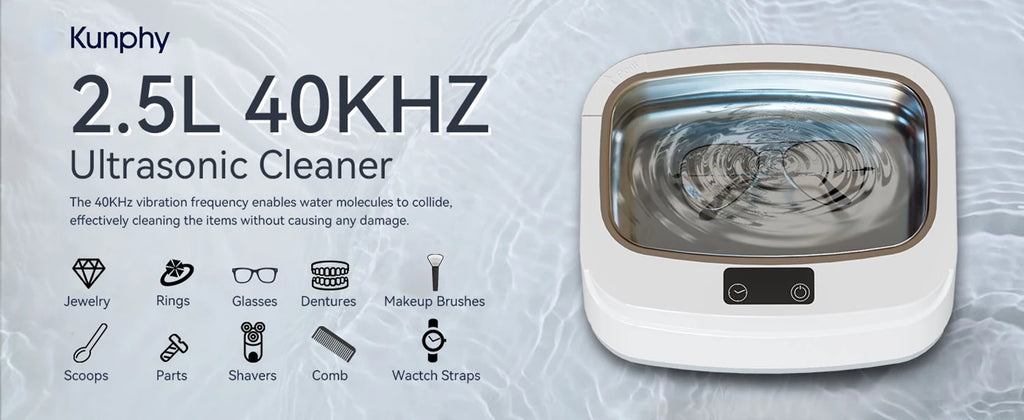 Máquina Ultrassônica KUNPHY 2.5 40kHz para Limpeza de Joias, Banho Ultrassônico Multifuncional para Limpeza de Protetores Bucais, Lâminas e Peças Dentárias