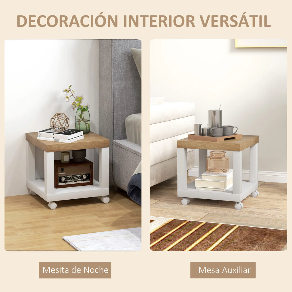 Mesa Lateral Homcom com Rodas e Prateleira Aberta para Sofá, Sala de Estar e Quarto 40X40X40 cm Natural e Branco
