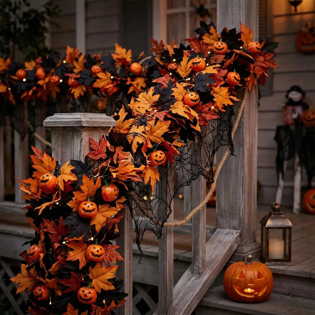 Abóbora Artificial de Halloween, Vermelha e Preta, Folhas de Bordo de Outono, Guirlanda Falsa, Decoração de Lareira para Casa, Natal, Ação de Graças e Festas de Outono