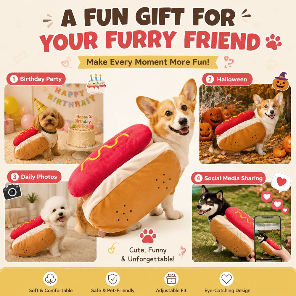 Fantasia de cachorro-quente para animais de estimação no Halloween, roupas engraçadas para cães pequenos, roupas fofas e macias para filhotes, fantasia de gato para festas e sessões de fotos
