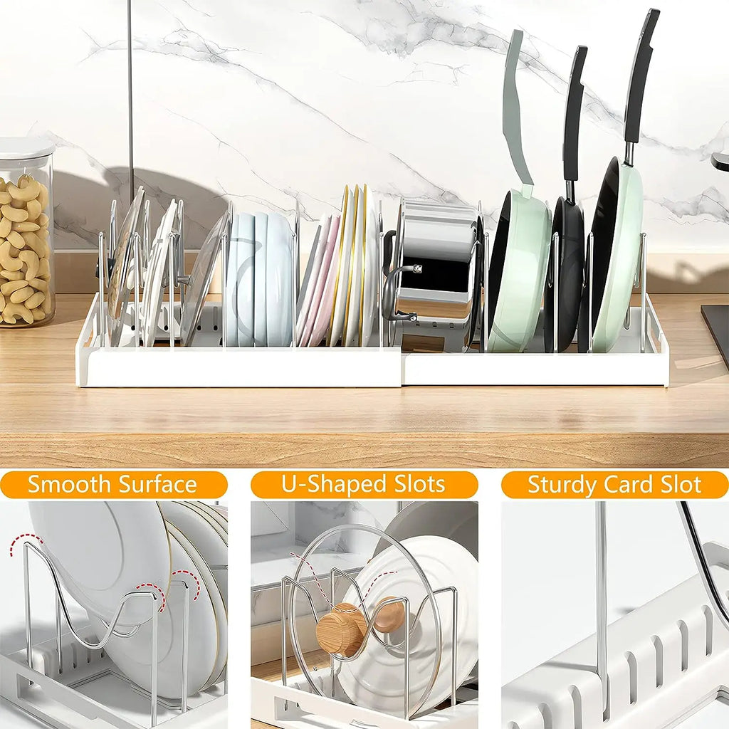 Organizador de Utensílios de Cozinha Expansível com 7 Compartimentos Ajustáveis, Suporte para Panelas, Organizador de Armário
