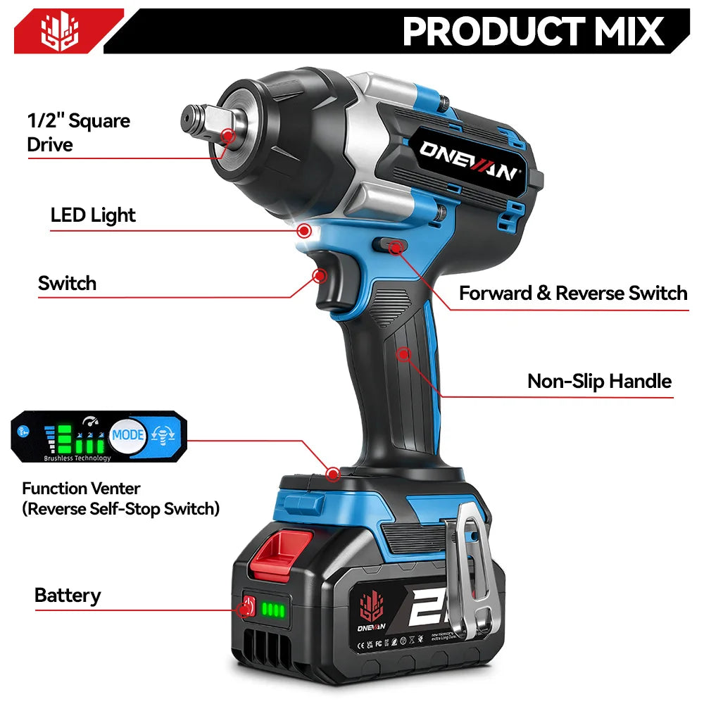 Onevan 1800n.m chave elétrica sem escova 1/2 polegada chave de impacto sem fio chave de fenda ferramenta reparo do carro para makita 18v bateria pino