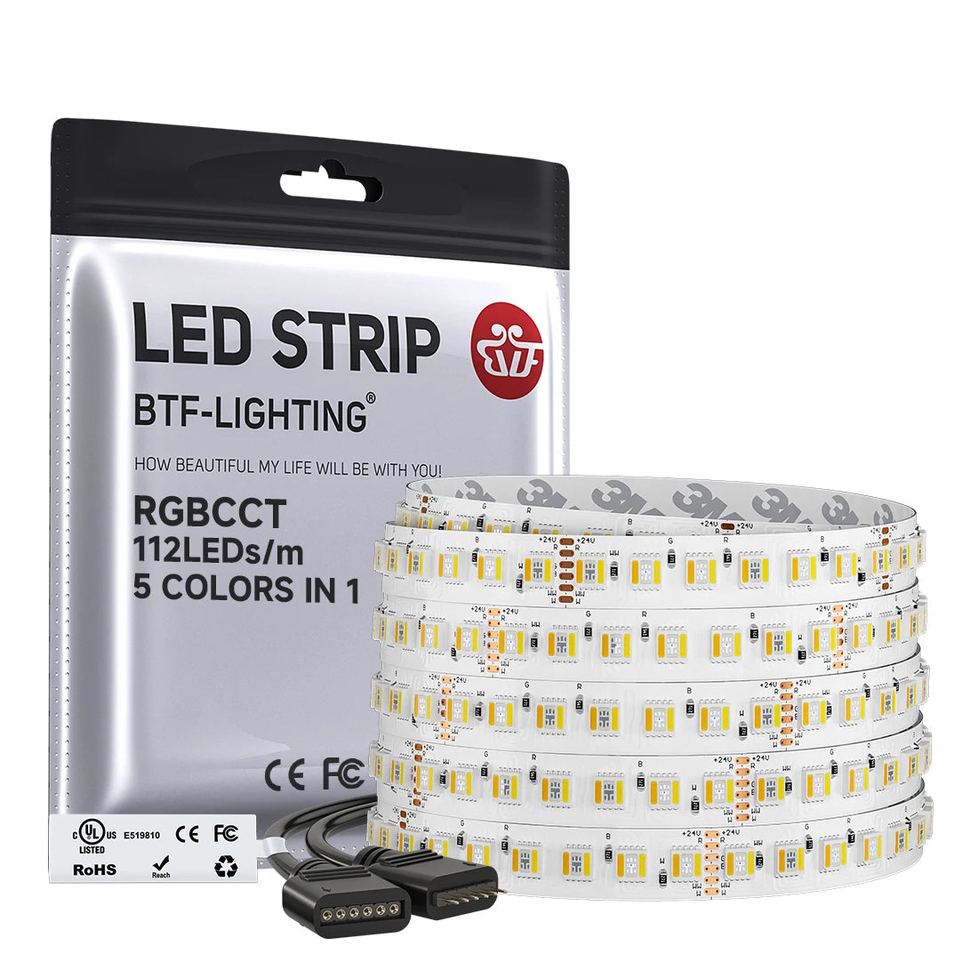 Fita de LED 5m 5050 RGBCCT 5 em 1 com 112 LEDs/m, 6 pinos, RGBCW RGBWW RGBW RGB WW CW 3000K-6000K, 12mm, Luzes LED DC24V