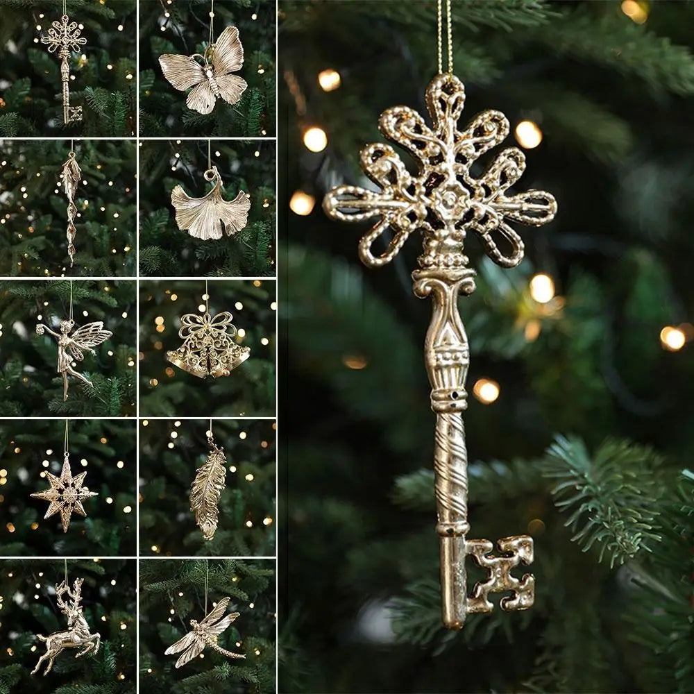 Ouro natal pendurado decoração de plástico borboleta libélula árvore de natal ornamento anjo floco de neve vitrine enfeites de natal