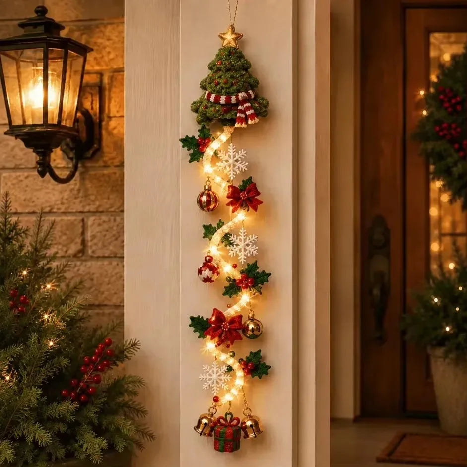Decoração de Natal, enfeite de porta de Natal com luzes LED, Papai Noel de crochê feito à mão, enfeite de árvore de Natal, sino, decoração para casa, parede, porta, decoração de Ano Novo.