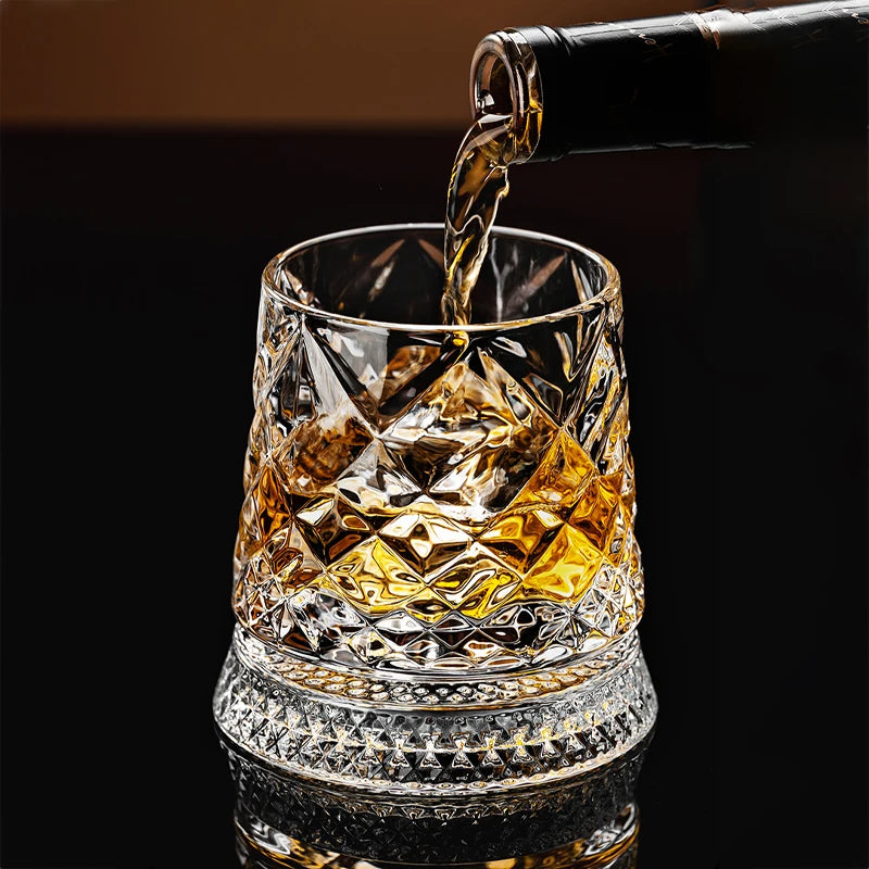 2026 novos copos de uísque rotativos vidro de uísque com base de vidro 360 graus de rotação cristal rum vidro para cocktail festa beber
