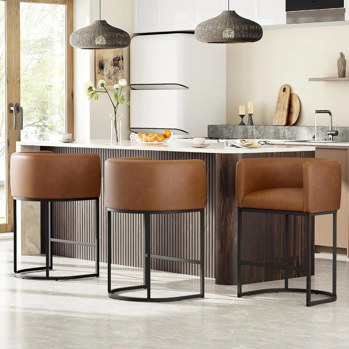 Conjunto de 3 Banquetas de Bar em Linho com 26'' de Altura, Design Moderno com Encosto e Braços, Personalizável