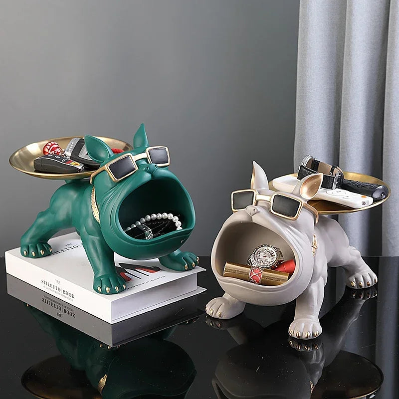 Estátua de cachorro de resina, estátua de buldogue, bandeja de armazenamento, decoração de animais, artesanato de resina, escultura de arte, estátua de cachorro, decoração de casa