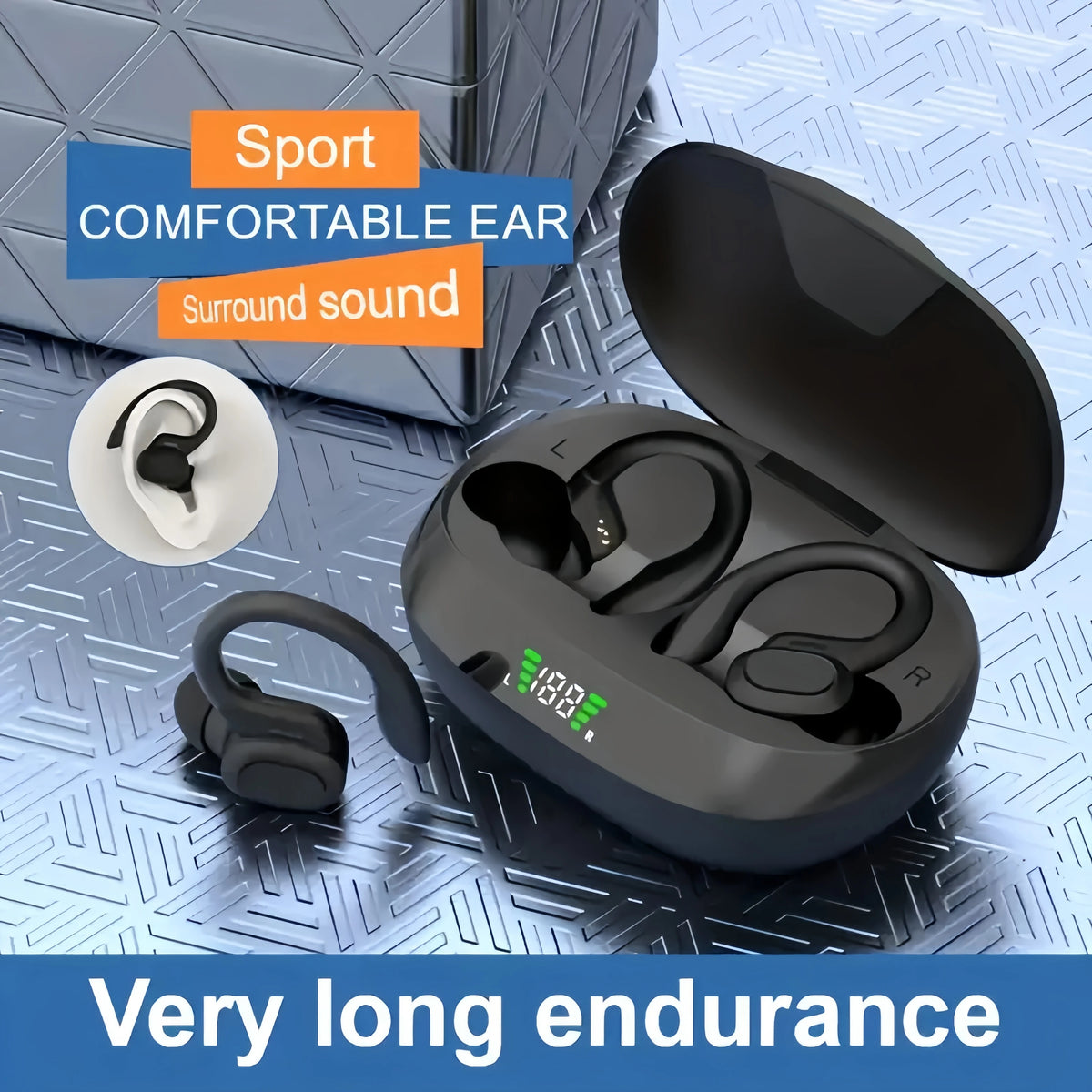 True Wireless Earbuds, TWS Headphones with Microphone, Sports Ear-Clip Headphones, Stereo In-Ear Headphones with LED Display
