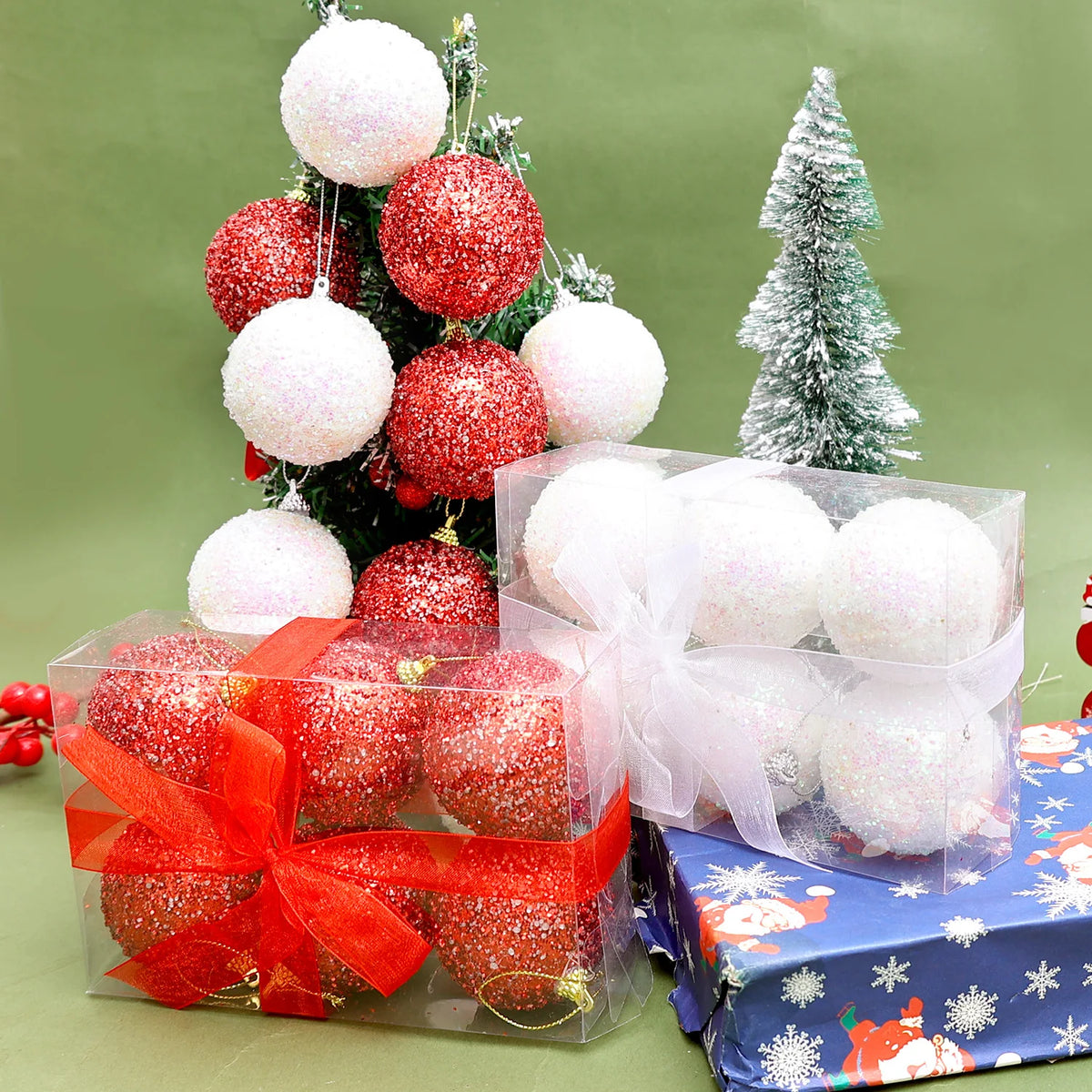 6/30 pçs glitter champanhe branco vermelho bolas de natal ornamentos espumante árvore de natal pendurado bola pingentes decoração de festa de ano novo
