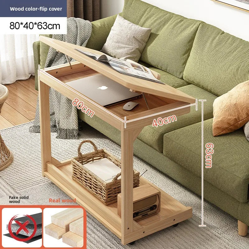 Mesa de centro móvel de madeira maciça, prateleira de armazenamento para sala de estar, mesa lateral dobrável para sofá de sala de estar, mesa de cabeceira de madeira maciça para quarto