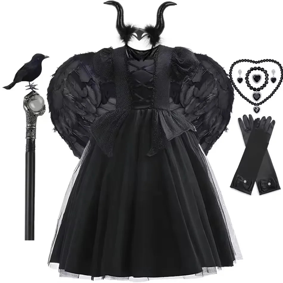 Traje de halloween para crianças vestido de bruxa preta com asas lantejoulas mal rpg traje malévola vestir-se roupa fantasma noiva