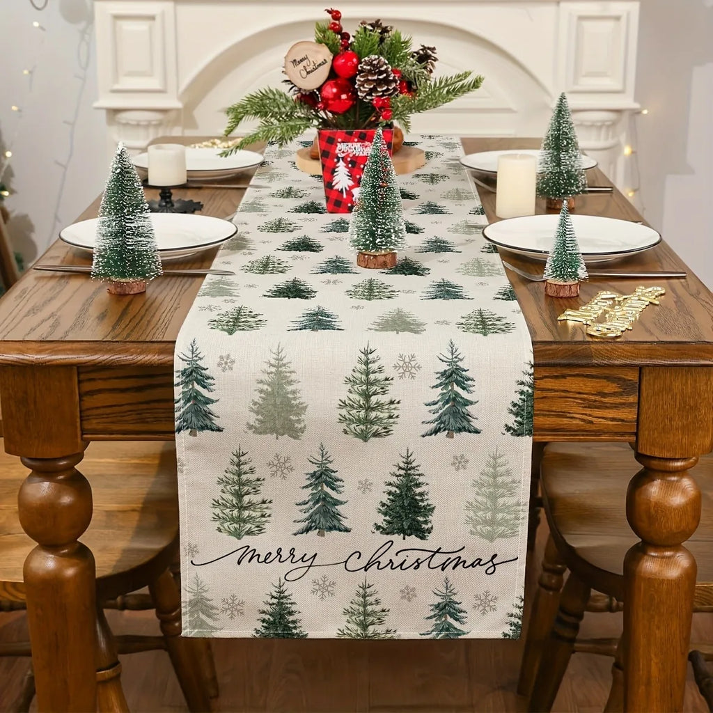 Decoração de mesa festiva retangular de corredor de mesa de Natal, design de árvores de Natal vermelhas e flocos de neve para toalha de mesa de férias