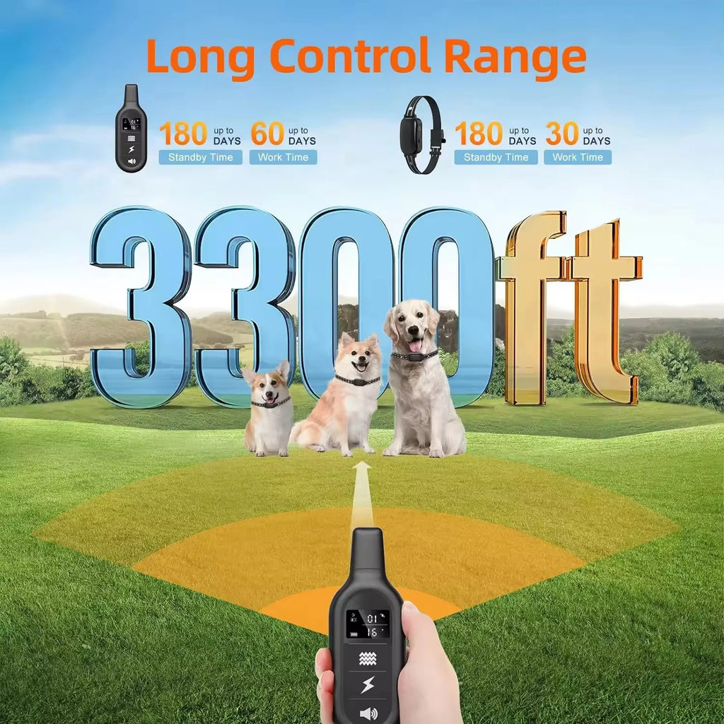 Coleira de Treinamento para Cães 3300FT para 1/2/3 Cães, Coleira Elétrica à Prova d'Água IPX7 para Todos os Tamanhos de Cães, Coleira de Choque Recarregável Anti-Latido