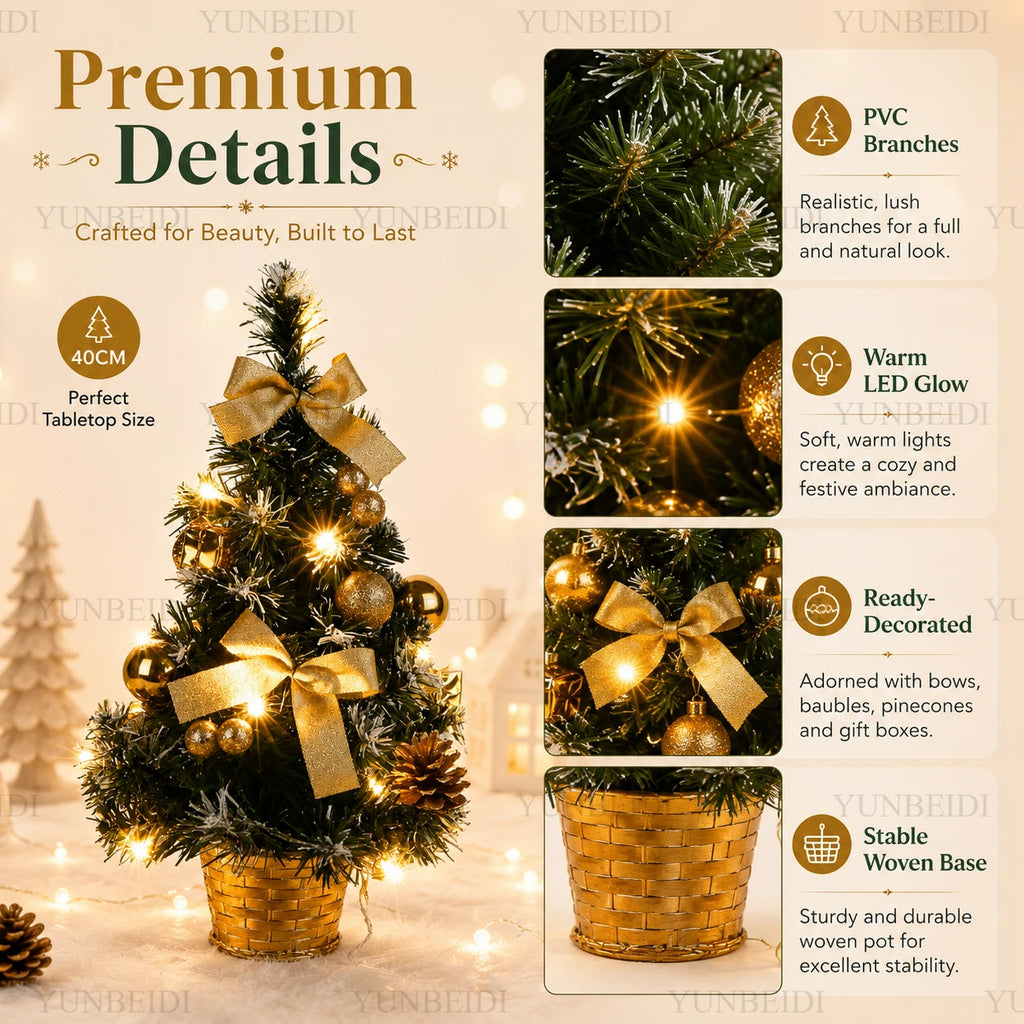 Árvore de Natal de 40CM com Luzes LED, Mini Árvore de Natal Artificial, Decoração de Mesa para Casa, Decoração de Natal, Presente de Ano Novo